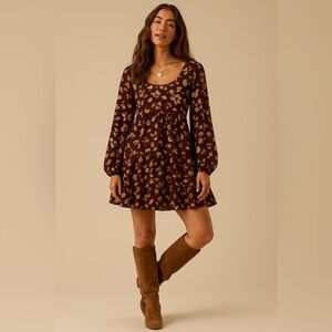 ASTR The Label Floral Leaves Long Sleeve Shift Swing Chiffon Lined Dress S